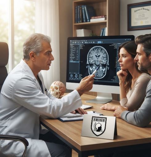 A compassionate neurosurgeon sitting at a desk in his office, pointing to a brain scan on a computer monitor while explaining treatment options to an attentive couple. A branded nameplate sits on the desk.