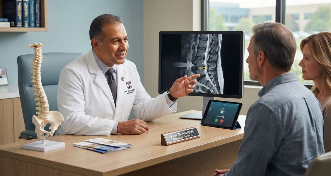 Dr. Ramsis F. Ghaly Consulting with Patients on Spine Health and Imaging