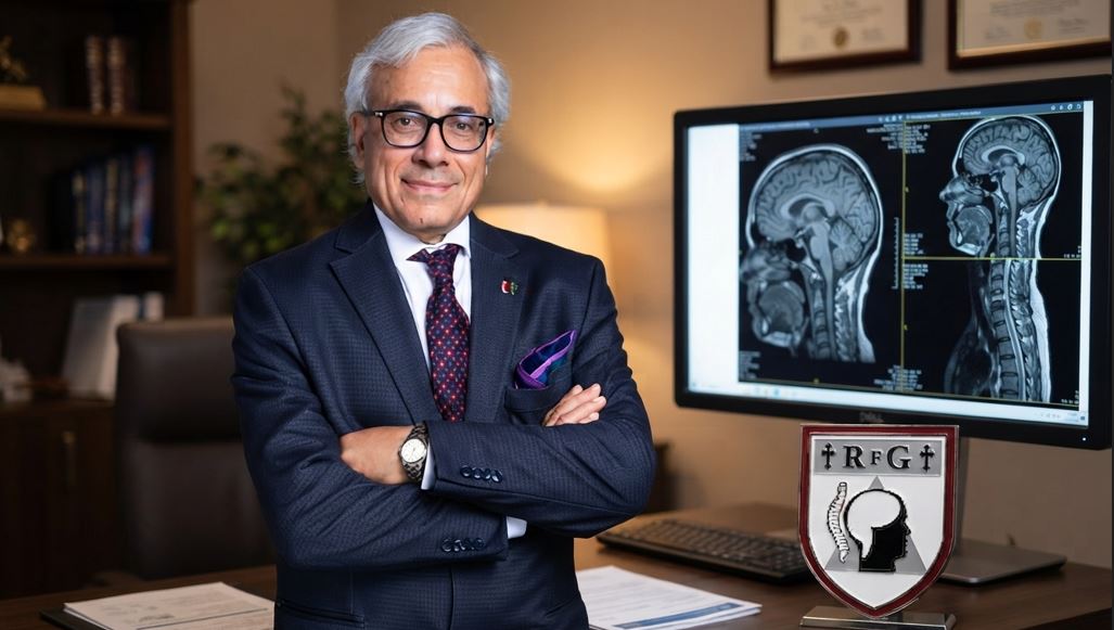 A professional portrait of neurosurgeon Dr. Ramsis Ghaly, with his arms crossed, standing in his office with brain and spine MRI scans visible on a monitor and his personal logo shield on the desk.