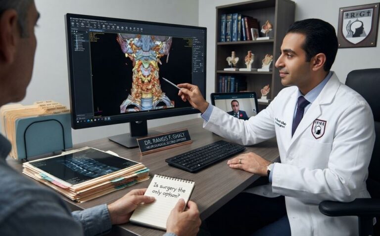 A professional neurosurgeon consulting with a patient in an office, reviewing advanced 3D brain and spine imaging on a computer screen while examining medical records and a notepad.