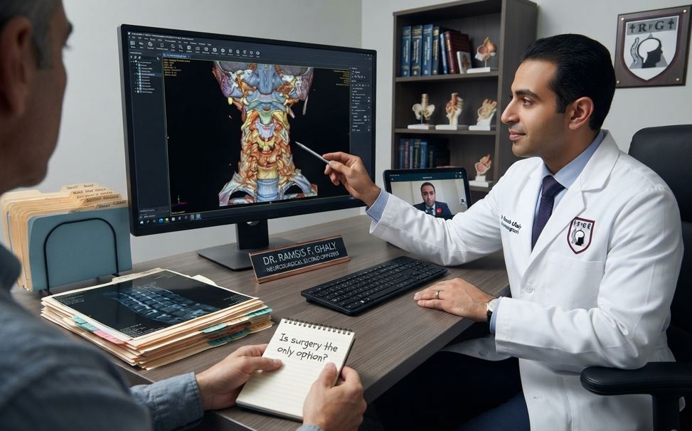 A professional neurosurgeon consulting with a patient in an office, reviewing advanced 3D brain and spine imaging on a computer screen while examining medical records and a notepad.