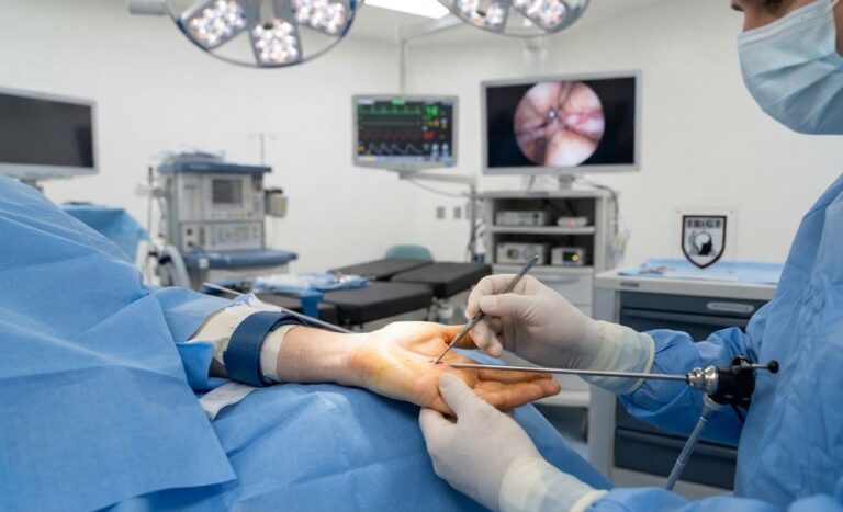 A surgeon in a mask and scrubs performs an endoscopic carpal tunnel release on a patient's hand in a sterile operating room.