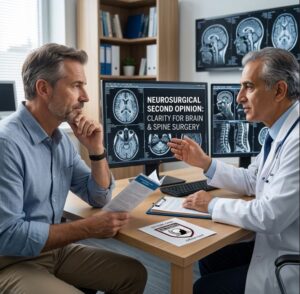 An experienced neurosurgeon in a white lab coat sitting at a desk, reviewing detailed brain and spine MRI scans on dual computer monitors with a male patient holding medical records.