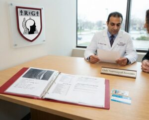A neurosurgeon reviewing patient records and imaging inside a medical office at Ghaly Neurosurgical Associates, with an open consultation binder on the desk containing a symptom timeline, medical notes, MRI scans, and a photo ID next to a branded wall plaque.