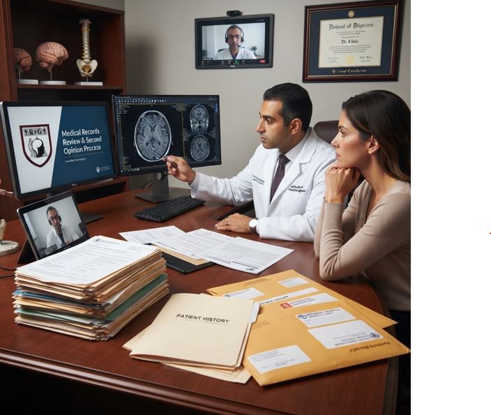A neurosurgeon reviewing patient records, MRI scans, and case notes alongside a patient in an office, featuring the RFG brand logo on a monitor screen.