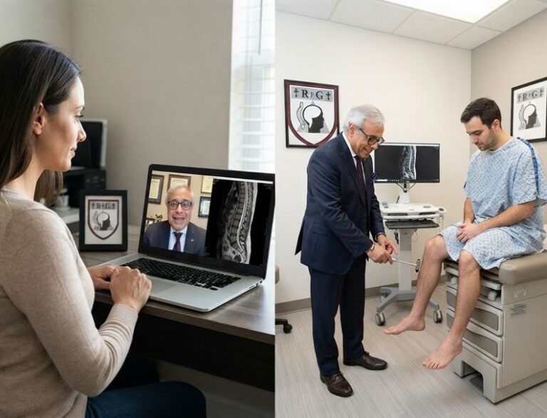 A split-screen image comparing virtual and in-office medical care. On the left, a woman engages in a video call on a laptop with neurosurgeon Dr. Ghaly, who is reviewing a spinal MRI. On the right, Dr. Ghaly conducts a physical reflex exam on a male patient in a hospital gown on an examination table in a clinic setting. Dr. Ghaly's medical practice logo is visible in both scenes.