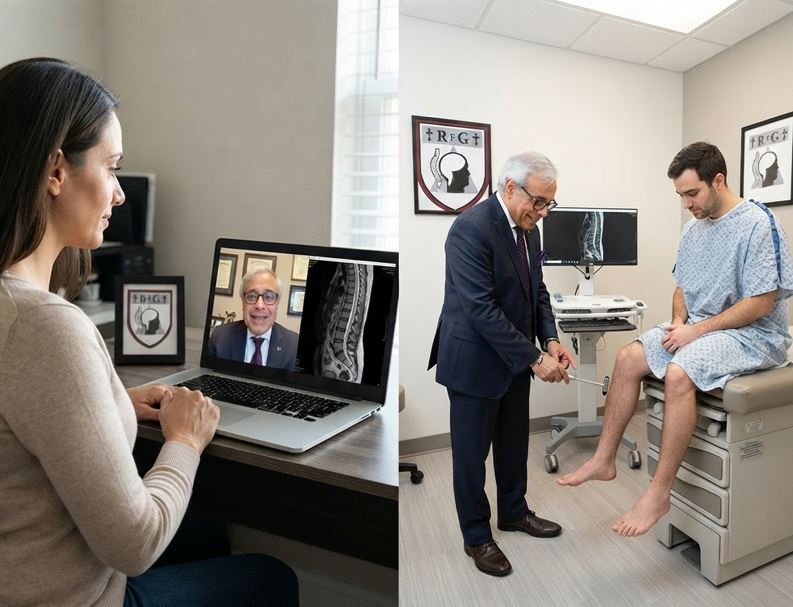 A split-screen image comparing virtual and in-office medical care. On the left, a woman engages in a video call on a laptop with neurosurgeon Dr. Ghaly, who is reviewing a spinal MRI. On the right, Dr. Ghaly conducts a physical reflex exam on a male patient in a hospital gown on an examination table in a clinic setting. Dr. Ghaly's medical practice logo is visible in both scenes.