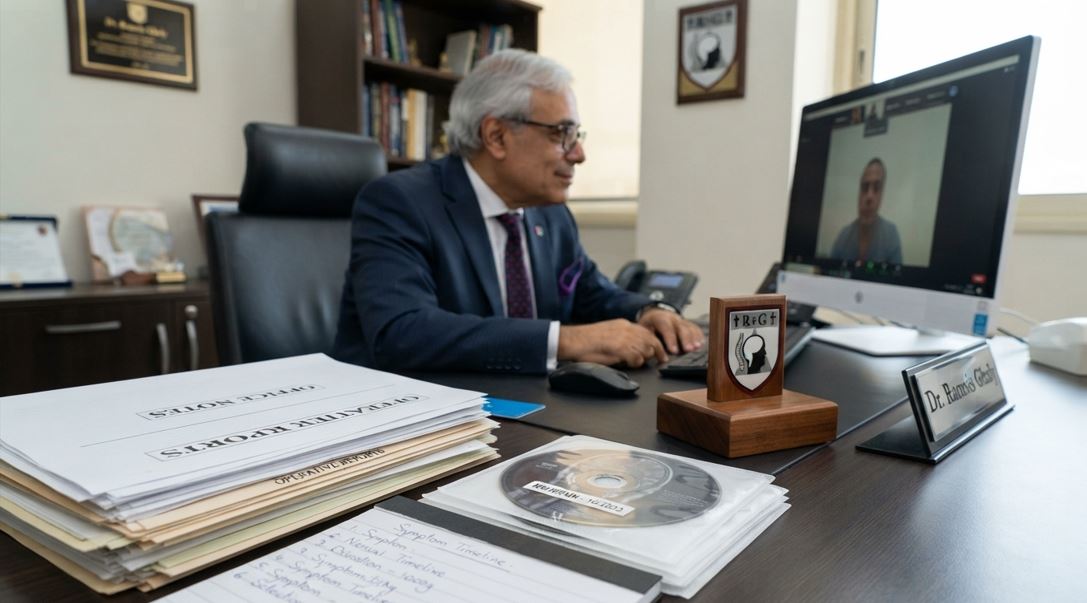 A professional neurosurgeon, Dr. Ramsis Ghaly, is seated at his desk in a modern office during a video telehealth call. In the foreground, prominently displayed, are the medical records, imaging CD, and handwritten symptom timeline that the patient has prepared for the consultation. A nameplate clearly identifies "Dr. Ramsis Ghaly." The background includes bookshelves and a wall-mounted logo corresponding to the provided shield design.