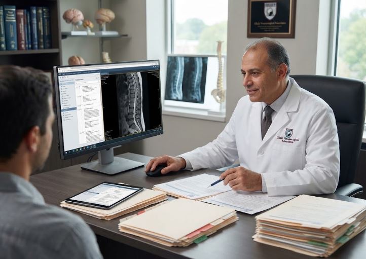 Dr. Ramsis Ghaly in a white coat reviewing a patient's medical history files, notes, and digital MRI spine scans at Ghaly Neurosurgical Associates.