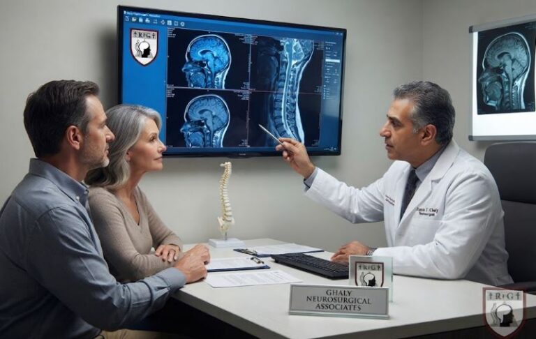 A male neurosurgeon in a white coat sits across a desk, pointing with a pen at a large monitor displaying brain and spine MRI scans. A middle-aged couple sits opposite him, looking intently at the screen. A model of a spine and a nameplate reading "Ghaly Neurosurgical Associates" are on the desk. The clinic's logo is visible on the monitor and desk plaque.