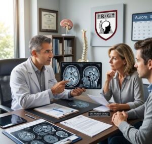 A professional male neurosurgeon in a medical office explaining detailed brain MRI scans on a digital tablet to a concerned patient and her family member during a second opinion consultation.