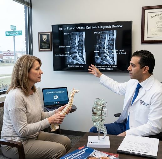 A compassionate neurosurgeon explaining lumbar MRI scans and anatomical spine models to a patient during a spinal fusion second opinion consultation.