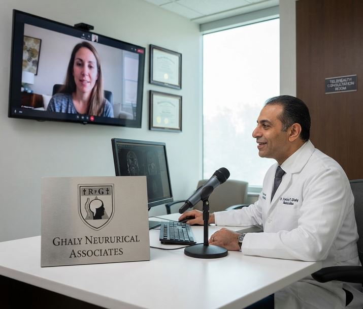 A male neurosurgeon in a white coat sits at a desk in a modern clinic office, smiling and speaking into a desk microphone while looking at a large wall-mounted monitor displaying a female patient on a video call. A plaque on the desk shows the "Ghaly Neururical Associates" logo.
