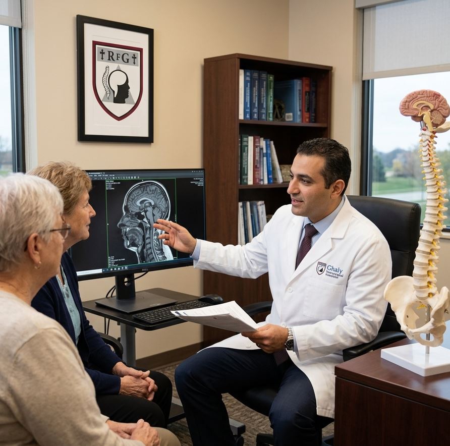 A professional neurosurgeon reviewing head and spine MRI scans on a monitor while explaining treatment options to a patient and family member in a modern medical office setting, with the RFG emblem framed on the wall.