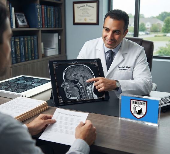 A neurosurgeon in a professional office reviewing an MRI brain scan on a digital tablet with a patient, with the "RfG" shield logo clearly displayed on a desk plaque.